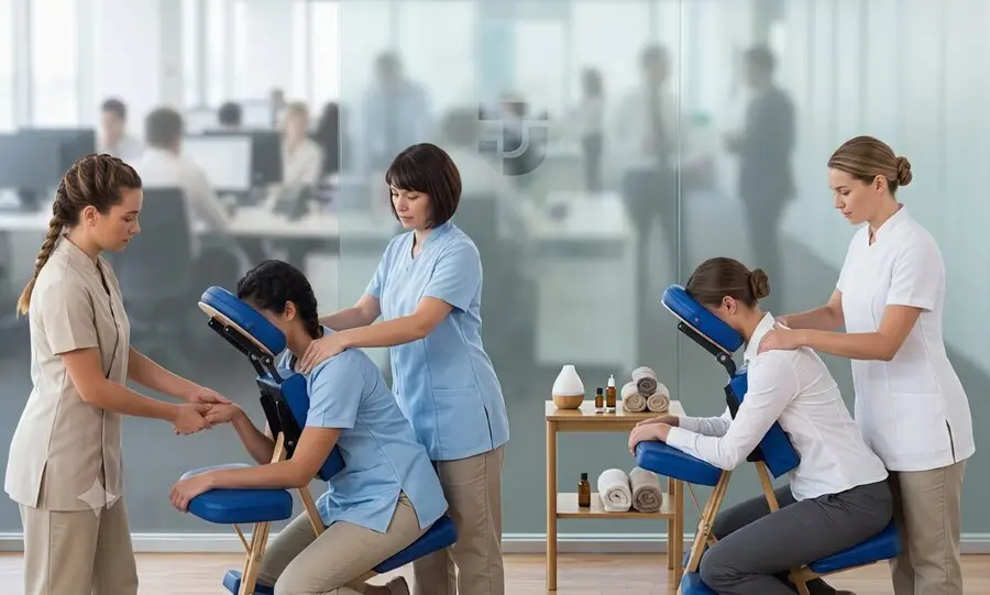 Sesión de masoterapia corporativa en oficina